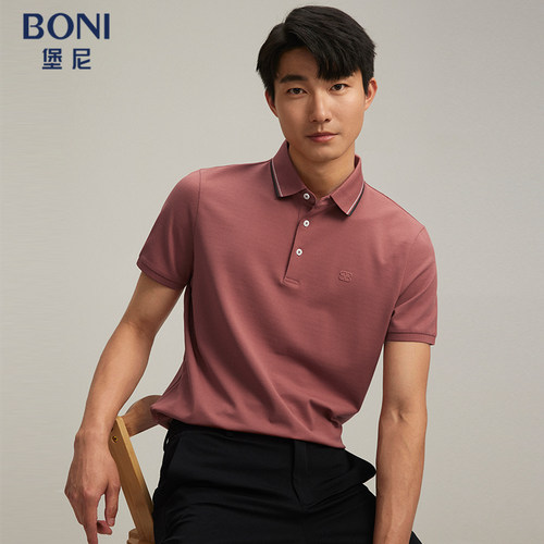 堡尼春夏新品商务翻领桑蚕丝混纺短袖T恤休闲净色Polo衫LR329C33B