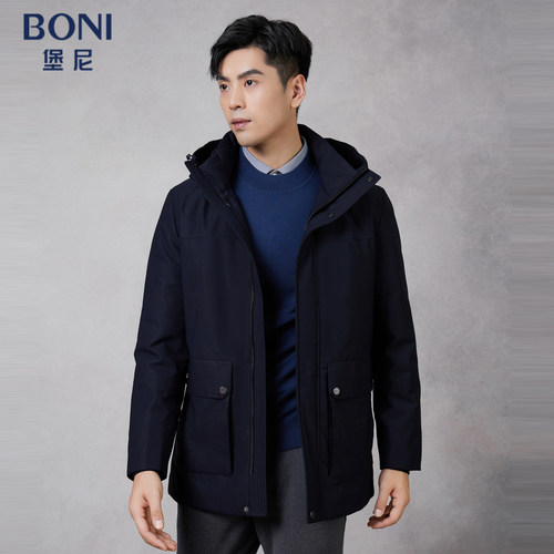 堡尼秋冬新品商务净色羽绒服中长款连帽保暖休闲外套男EO867052B