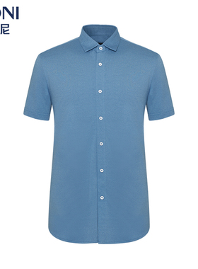BONI/堡尼春夏新品蓝色丝棉混纺短袖衬衫商务男士衬衣GL369B41B