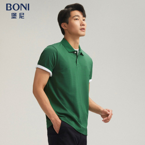 BONI/堡尼春夏休闲商务绿色翻领丝棉混纺短袖T恤LR343A11B