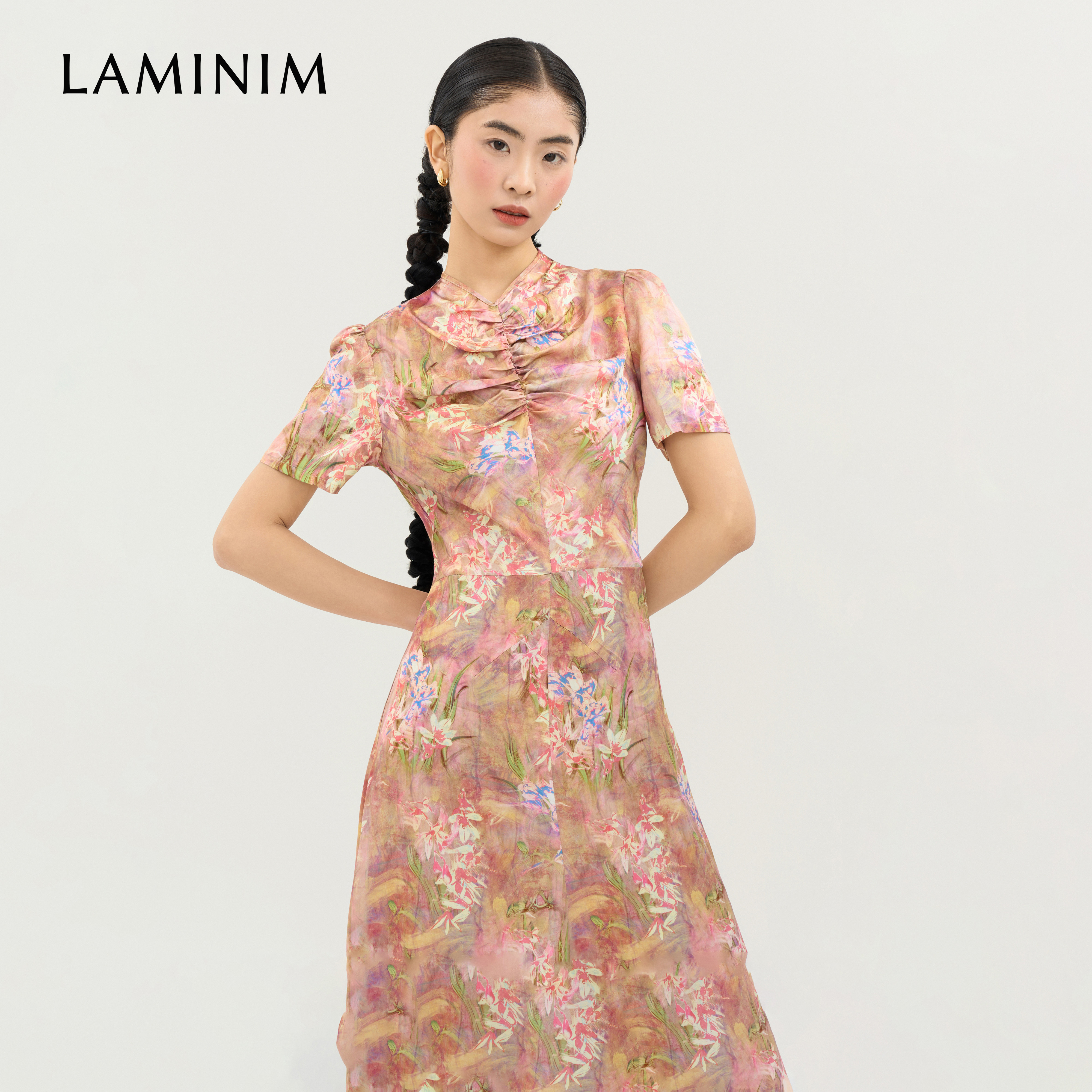 LAMINIM蕙兰新中式印花少女风春装复古连衣裙休闲风旗袍缎面长裙