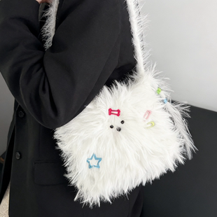 长毛潦草小狗包钩织8公分仿貂毛3股软糯特色白色仿貂长羽毛线毛衣