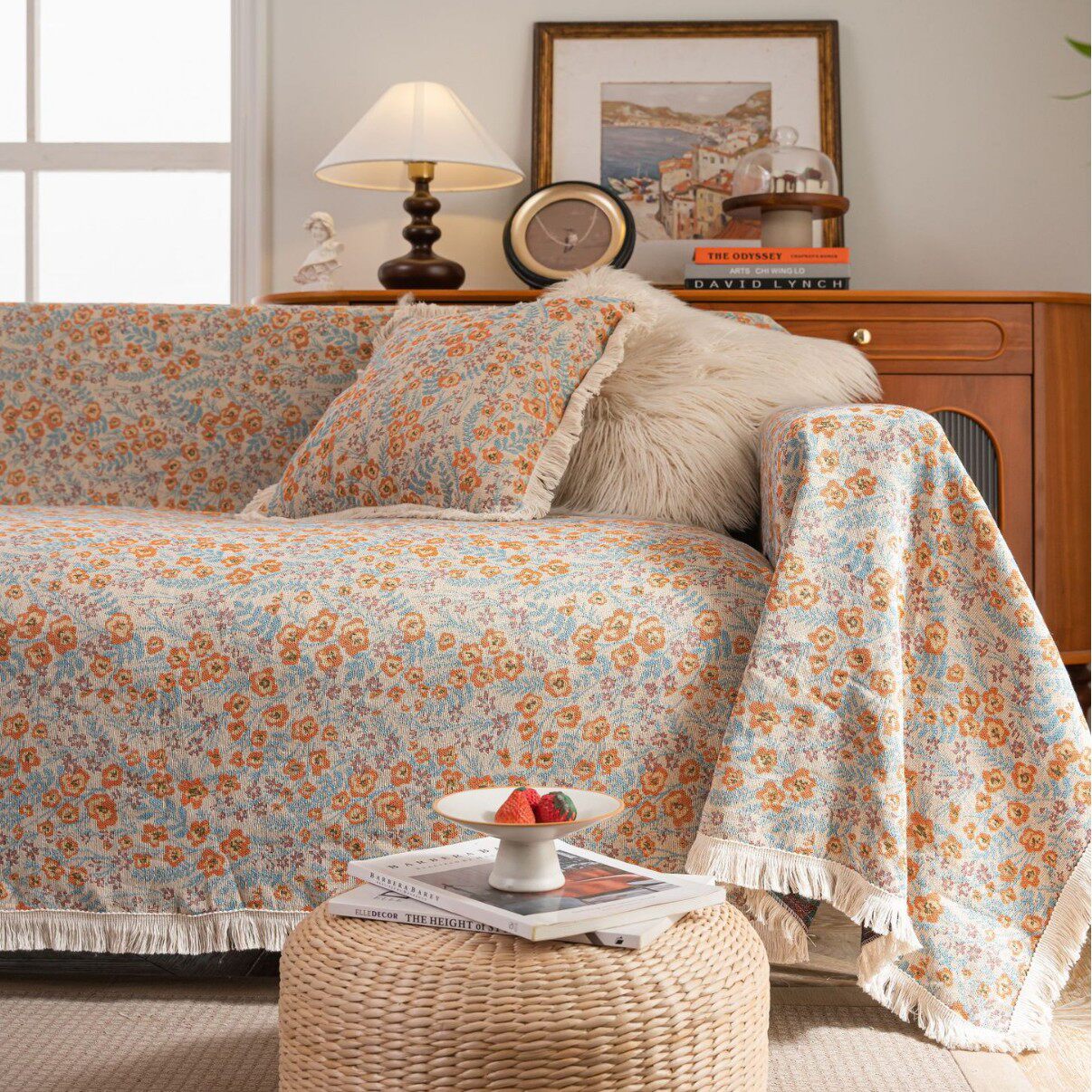 法式橘色碎花沙发巾田园风全盖布艺沙发套罩双人沙发垫防猫抓盖毯