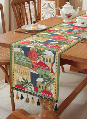 法式绿色棕榈树提花流苏桌旗中东月亮节城堡茶几盖巾卡通动漫床旗