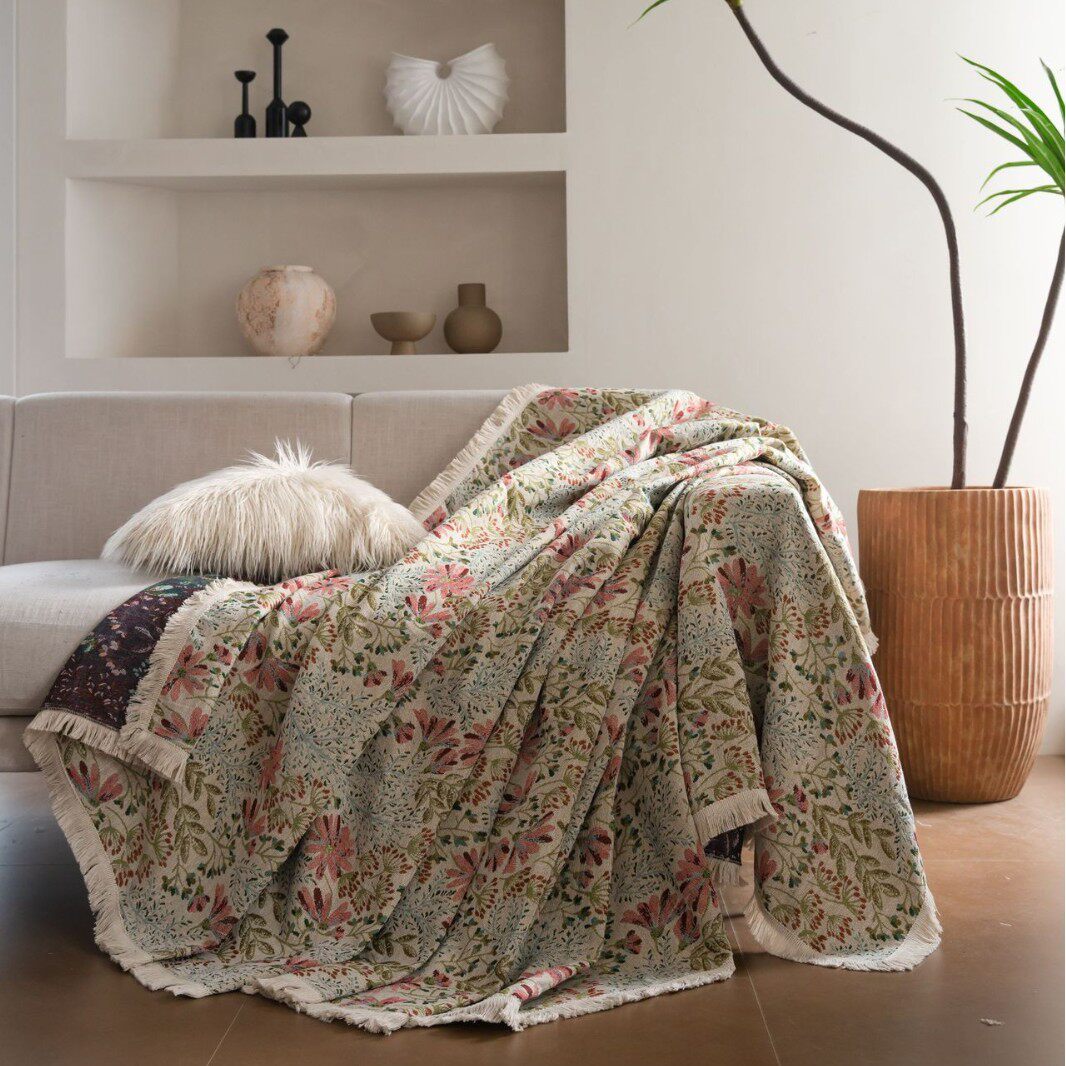 法式粉色花朵提花沙发巾布艺全盖沙发套罩双人沙发垫盖毯四季通用