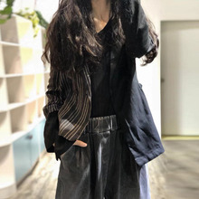 小西装 外套女 衬衫 西装 2019春夏新款 领条纹撞色拼接麻料宽松大码