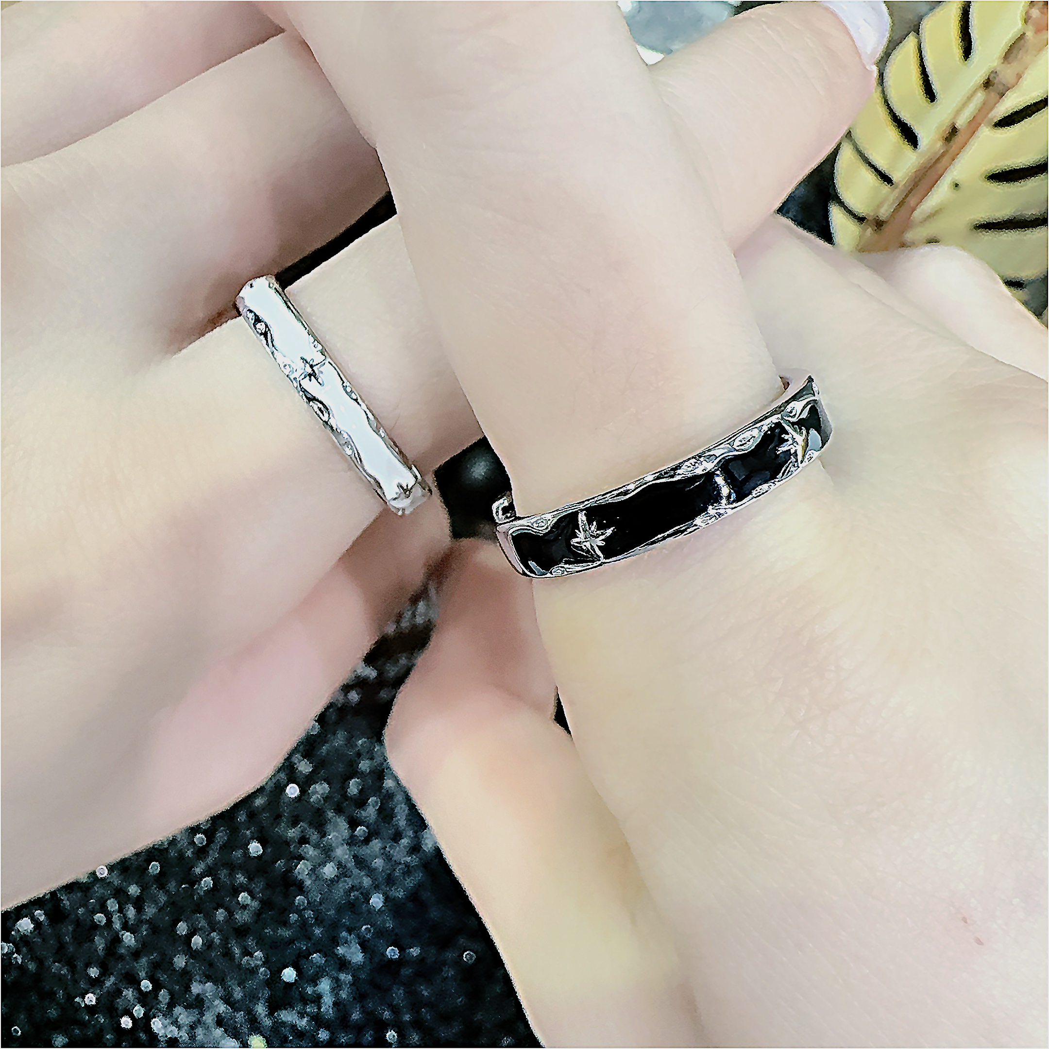 黑夜与黎明通体纯银戒指珐琅开口设计感情侣对戒节日送男女生礼物