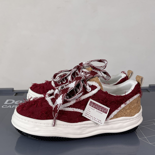 新款男鞋ins潮流解构风红色毛边板鞋男款厚底增高百搭系带休闲鞋