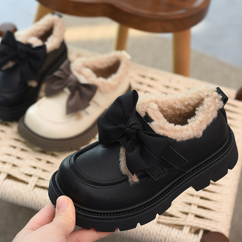 真皮女童加绒皮鞋儿童短靴女孩二棉靴子2025冬季新款加厚黑色棉鞋