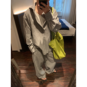 灰条 宽松版 蓝格 100棉亲肤面料 春夏松弛度假感条纹套装 晨树