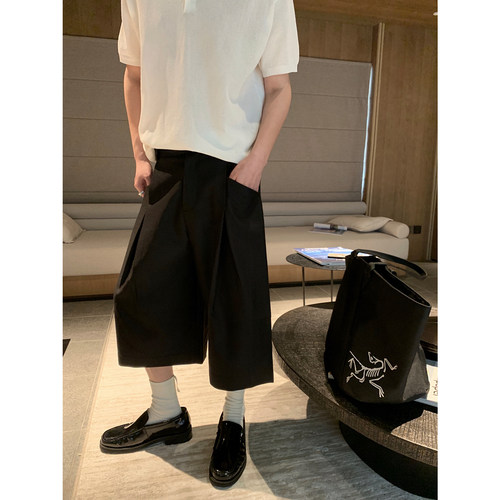 晨树 纯黑/深灰/廓形压褶设计西装大短裤/时装感/搭配性强/抗皱