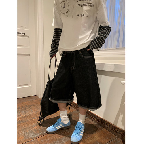 晨树  复古时髦美式纯黑色牛仔短裤/混搭风格/宽松版型八分牛仔裤