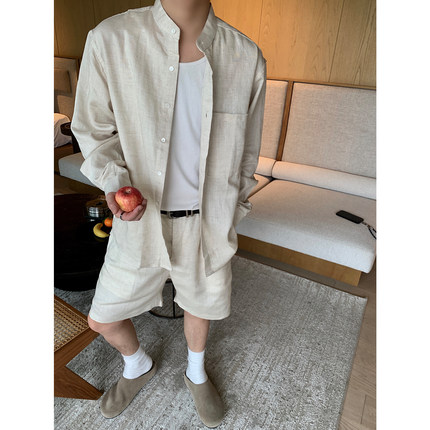 晨树 亚麻天丝老钱套装/夏日度假Cleanfit纯色慵懒上衣短裤套装