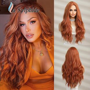 多巴胺long假发女中分Temu玫瑰网高温丝wavy橘色红色节日长卷发