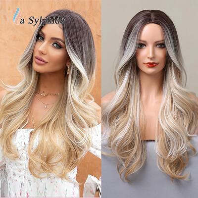 假发女亚马逊新款中分长卷发金棕色混色渐变欧美Hair化纤机制Wig