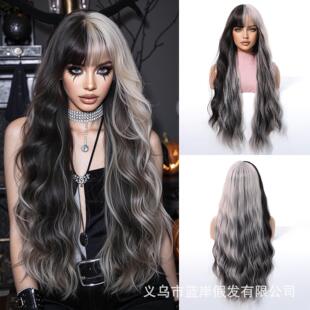 大波浪长卷发银灰挑染假发女全头套wig 万圣节cosplay发套时尚