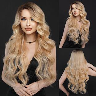 欧美假发新款 Part Lace Wigs 化纤蕾丝波浪假发全头套橘金色侧分T