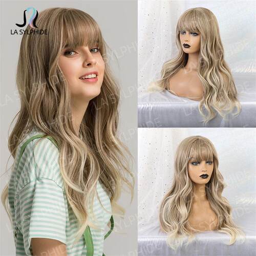 外贸欧美假发女 机制化纤头套hair 金色灰色齐刘海长卷发wigs