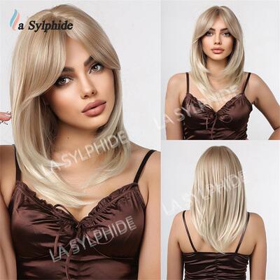 假发欧美八字刘海中长直发女化纤机制头套wig金色hair全头套