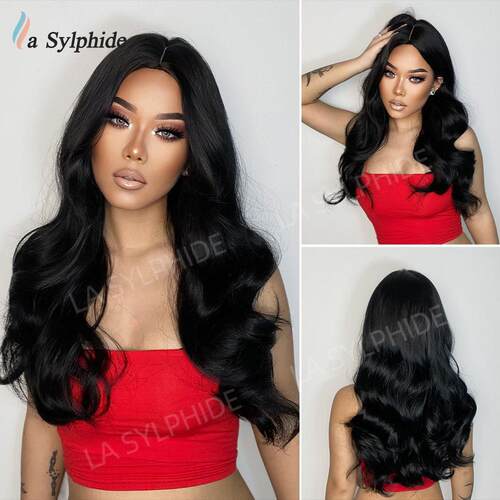 欧美假发Amazon女hair 黑色中分1b长卷发wigs 高温丝机制头套