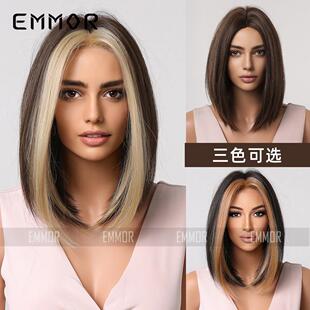 中分黑色挑染直发波波头哑光高温丝全头套假发 亚马逊欧美wig
