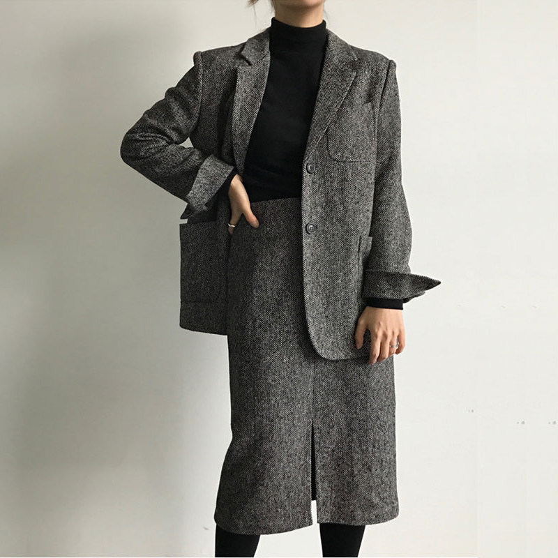 2024 새로운 겨울 의류 한국 스타일 패션 캐주얼 느슨한 모직 정장 재킷과 스커트 정장 여성 유행