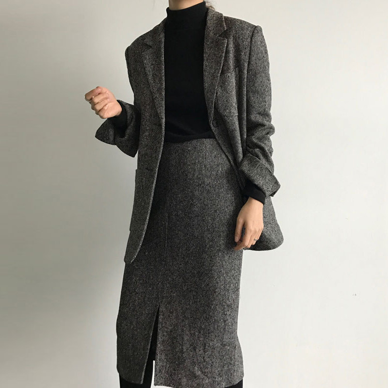 2024 새로운 겨울 의류 한국 스타일 패션 캐주얼 느슨한 모직 정장 재킷과 스커트 정장 여성 유행