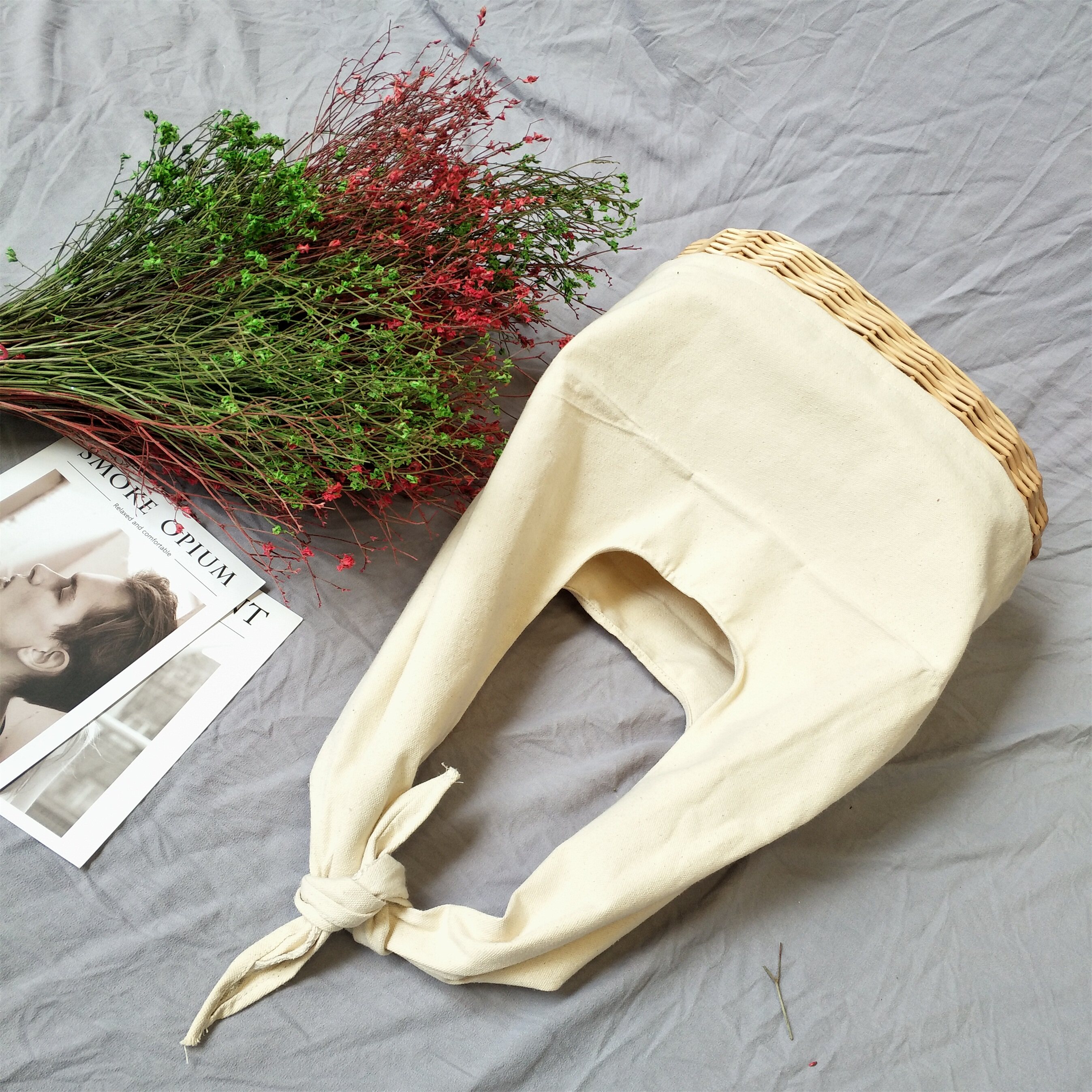 秋季新款森系椭圆手提棉麻布草编拼接手提包单肩包挎包大包帆布包