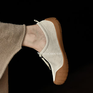 何其丑米色平底一脚蹬休闲小白鞋女新款软底软面百搭舒适懒人鞋子