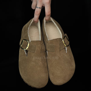 何其丑牛反绒圆头平底加绒全包勃肯鞋女2025秋冬新款真皮软底棉鞋