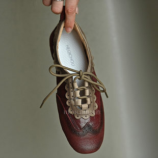 何其丑女鞋复古圆头平底雕花系带乐福鞋女新款休闲小皮鞋软底单鞋