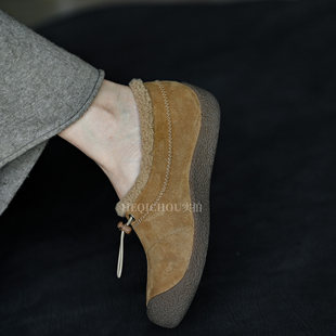 何其丑圆头加绒保暖冬季棉鞋复古舒适全包勃肯鞋女平底毛毛单鞋