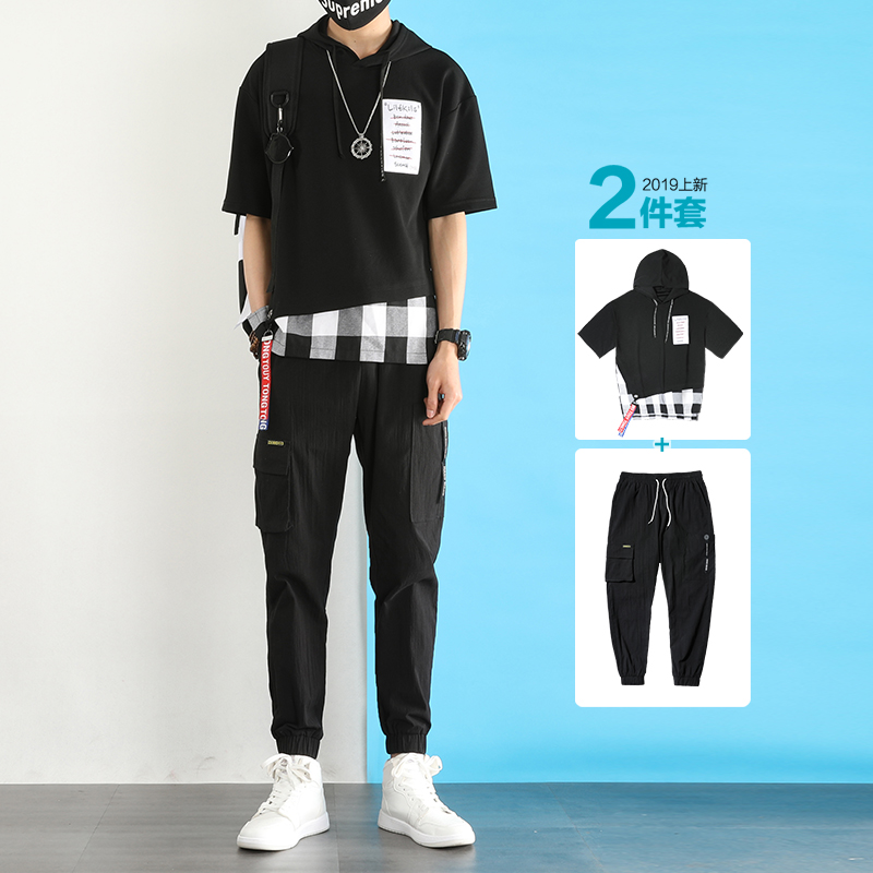 限10000张券裤子男韩版潮流夏季套装休闲工装裤潮牌薄款夏装宽松棉麻九分裤