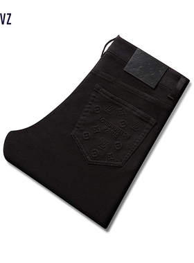 蓝兹秋冬季新款高端黑色牛仔压花弹力水洗免烫保暖修身小脚男长裤