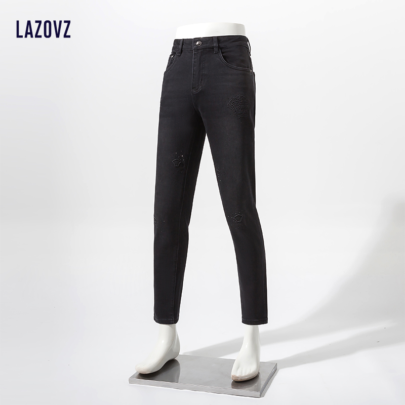 蓝兹冬季加绒加厚黑灰牛仔裤男保暖青年小脚长裤修身刺绣男裤