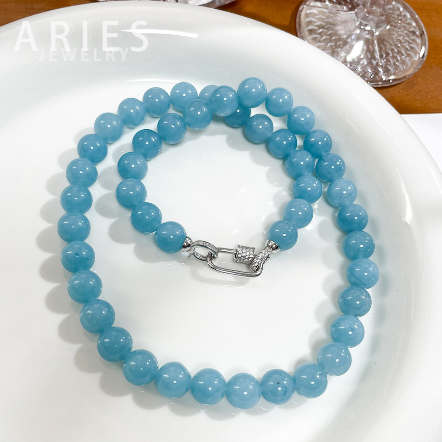 Aries S925纯银天然老矿冰种海蓝宝圆珠项链天蓝色欧美风小众高级