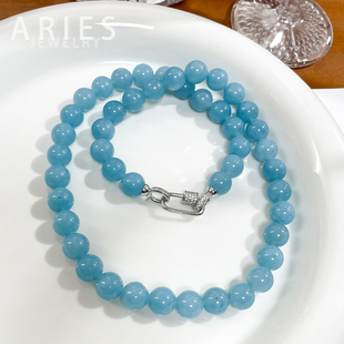 Aries S925纯银天然老矿冰种海蓝宝圆珠项链天蓝色欧美风小众高级