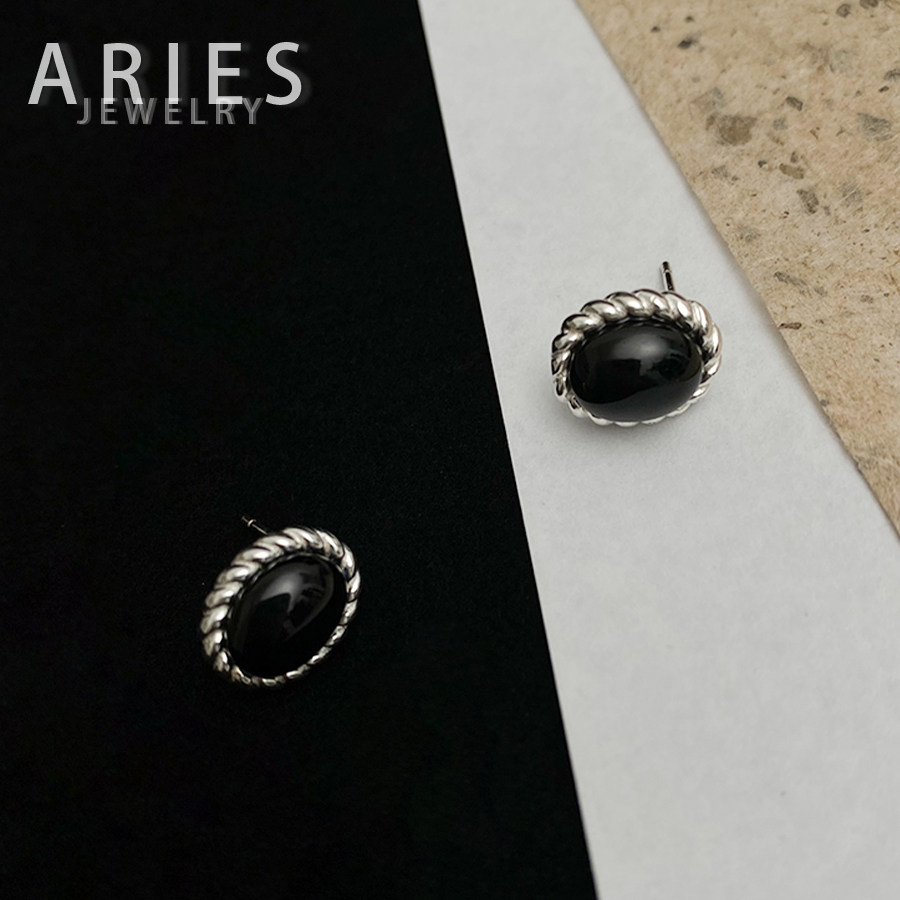 Aries 天然玛瑙东陵玉复古椭圆简约耳钉S925纯银镶嵌精致百搭气质,饰品/流行首饰/时尚饰品新,耳钉,淘宝优惠券,粉丝福利购,淘宝优惠卷