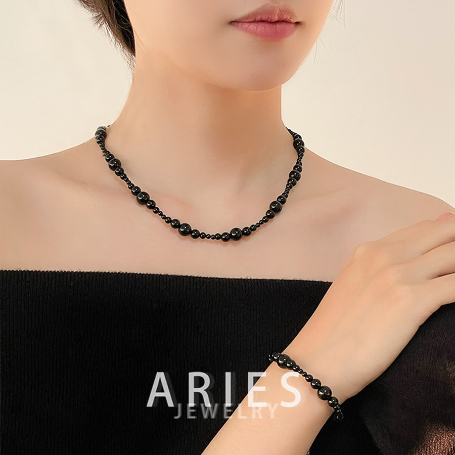 Aries 暗黑渐变天然黑玛瑙串珠项链S925纯银小众时尚简约手链手串