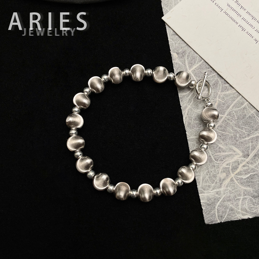 Aries 重工猫眼拉丝磨砂圆球手链纯银OT扣轻奢简约时尚夏季百搭款