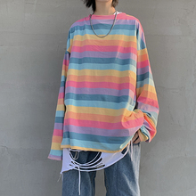 新款 潮基础款 上衣 韩国bf原宿彩虹条纹简约宽松长袖 T恤女2019秋季