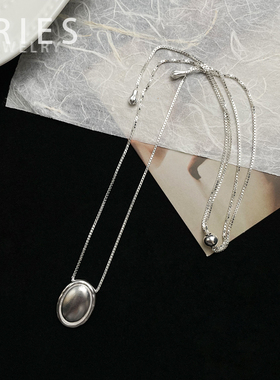 Aries S925纯银简约复古椭圆哑光圆饼抽拉式项链小众个性锁骨链