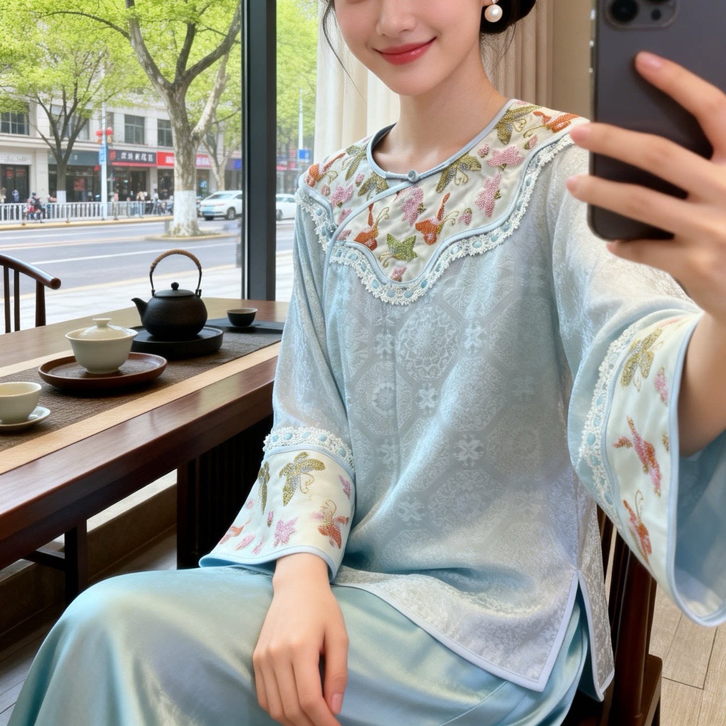 新中式唐装上衣女国风改良重工刺绣减龄气质圆领七分袖茶服小衫