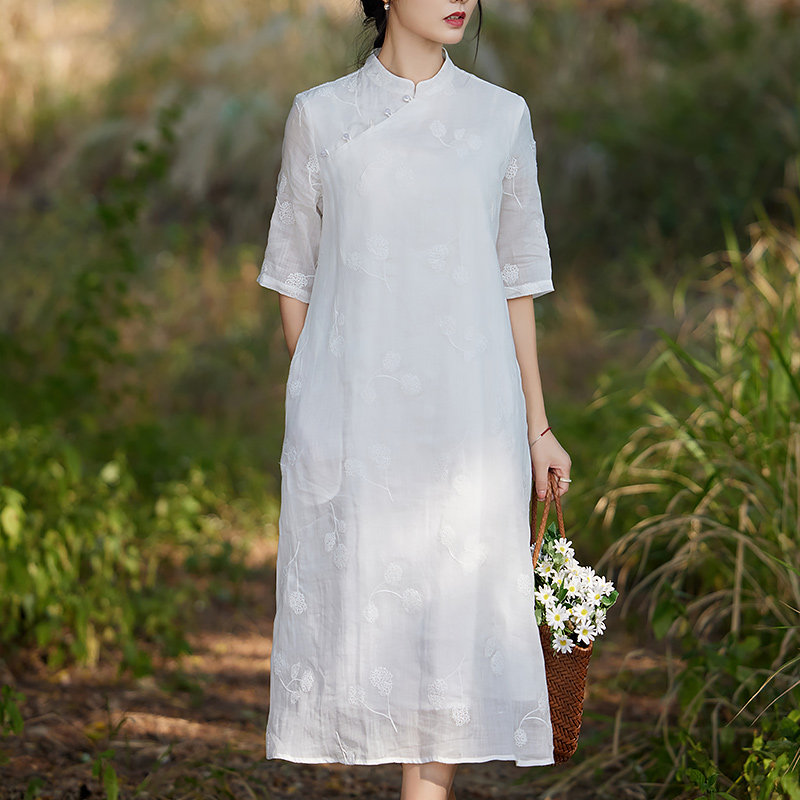 旗袍茶服女苎麻裙子中国风连衣裙