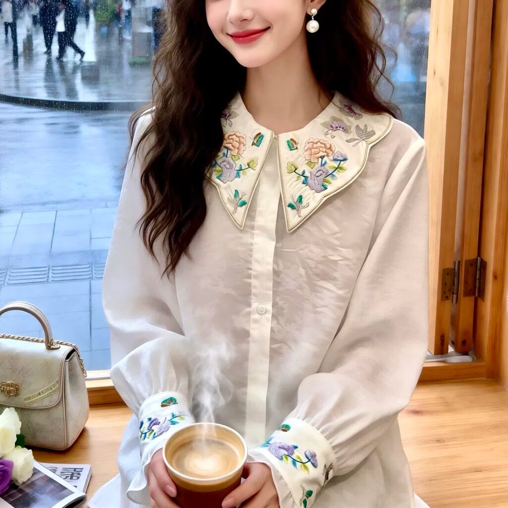 国风刺绣娃娃领白色衬衫女改良新中式提花显瘦百搭长袖衬衣外穿