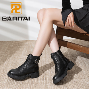 日泰时尚头层牛皮马丁靴秋冬新款平底英伦风圆头绑带加绒女士短靴