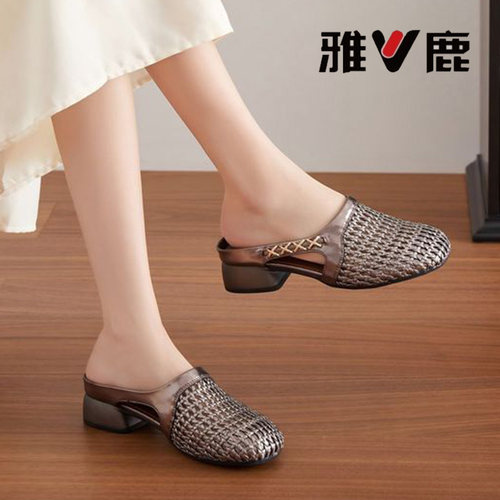 雅鹿真皮镂空粗跟包头穆勒鞋女夏