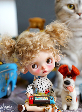 现货springdoll亚麻金色冲天炮马海毛小卷毛假发Blythe，Qbaby