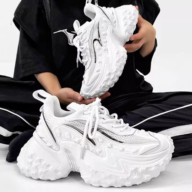 白色增高机甲老爹鞋男女巴黎炸街轮胎鞋潮流小众情侣榴莲底坦克鞋
