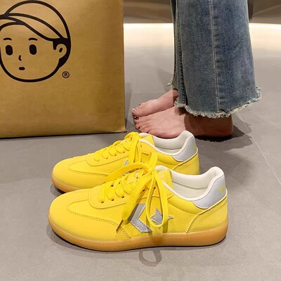 秋冬季新款德训鞋女平底系带拼色单鞋女时尚圆头运动风平底板鞋